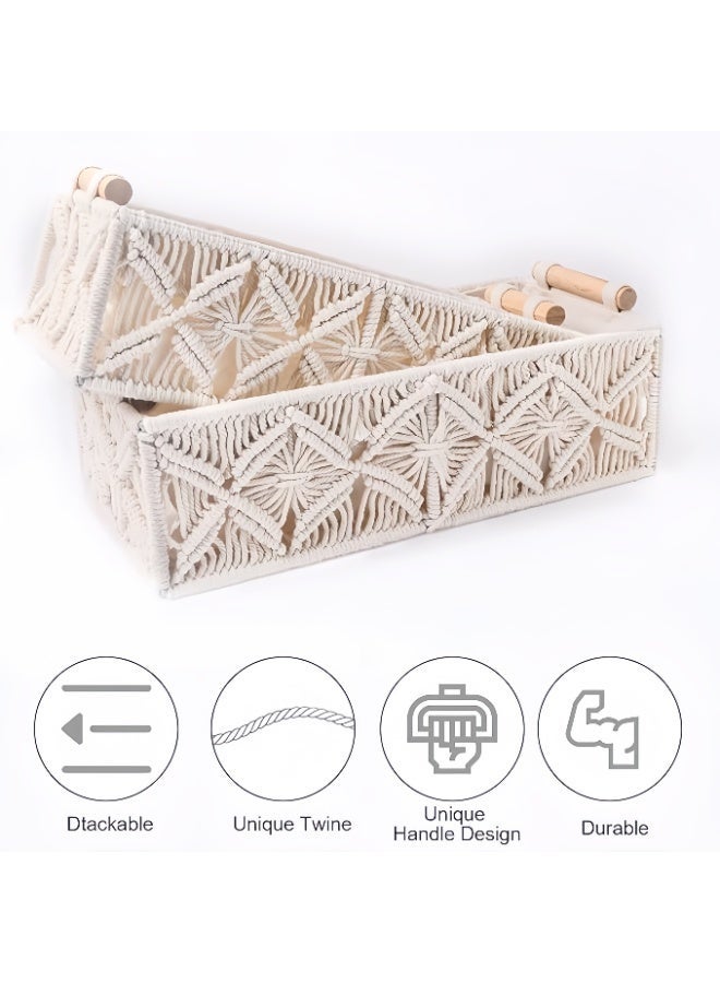 طقم من 2 سلال تخزين معقودة يدويًا بمقابض خشبية - للحمام والمنضدة والديكور المنزلي (كبير وصغير) - Image 3